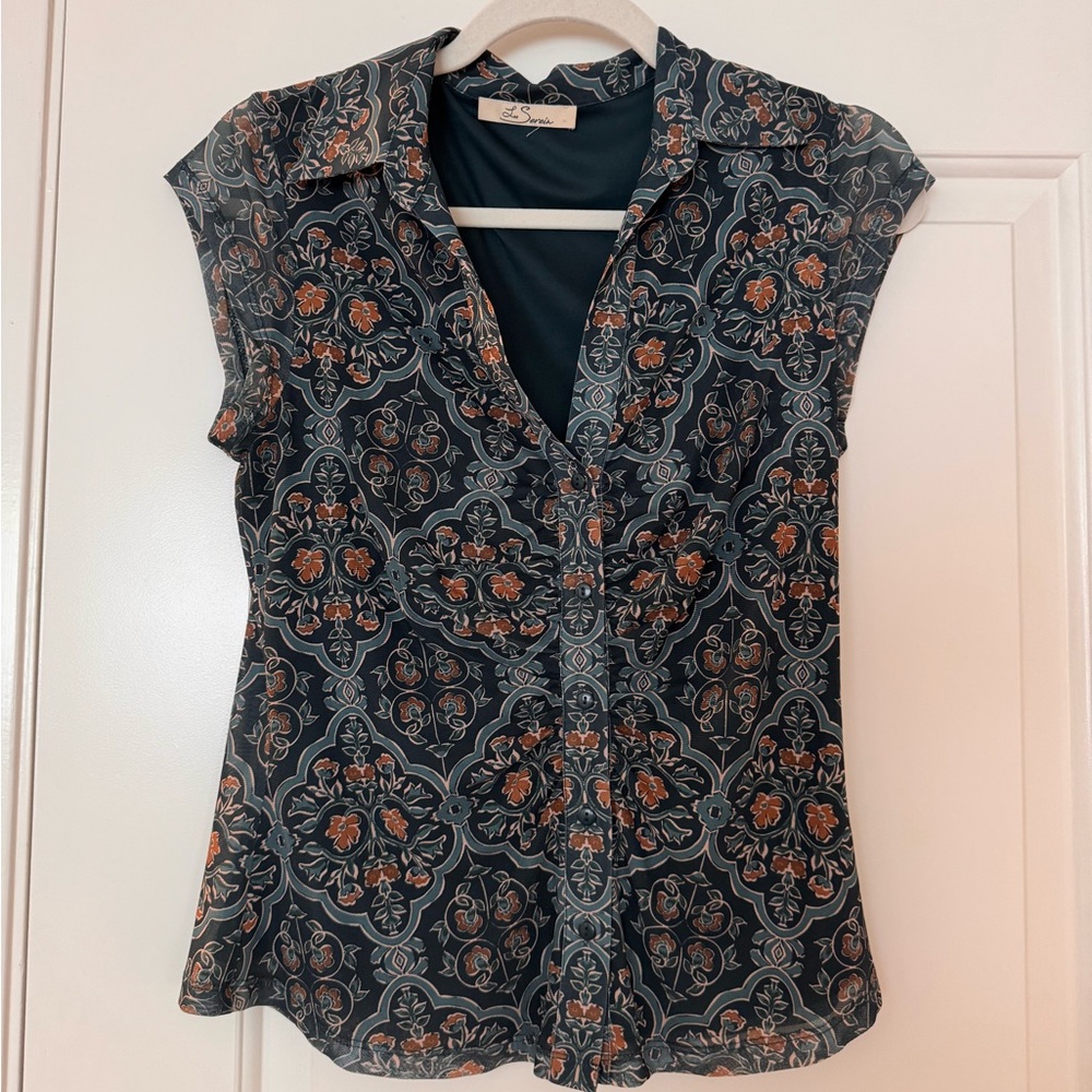 Les Serein - Mesh Cap Sleeve Collared Blouse